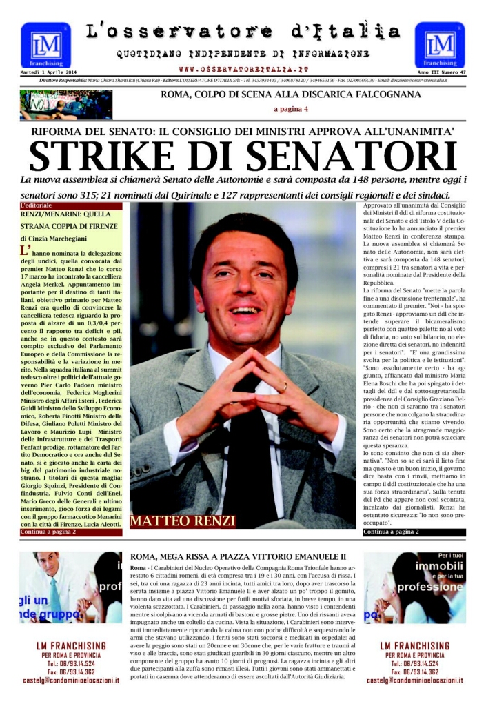 L'osservatore d'Italia edizione del 1 Aprile 2014